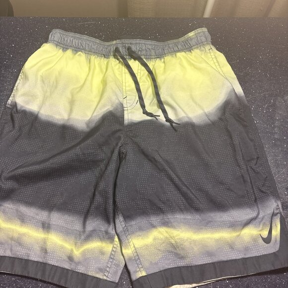 Nike Swim Trunks Navy Blue & Yellow Lined Pockets Drawstring Above Knee Sz L - Picture 1 of 7